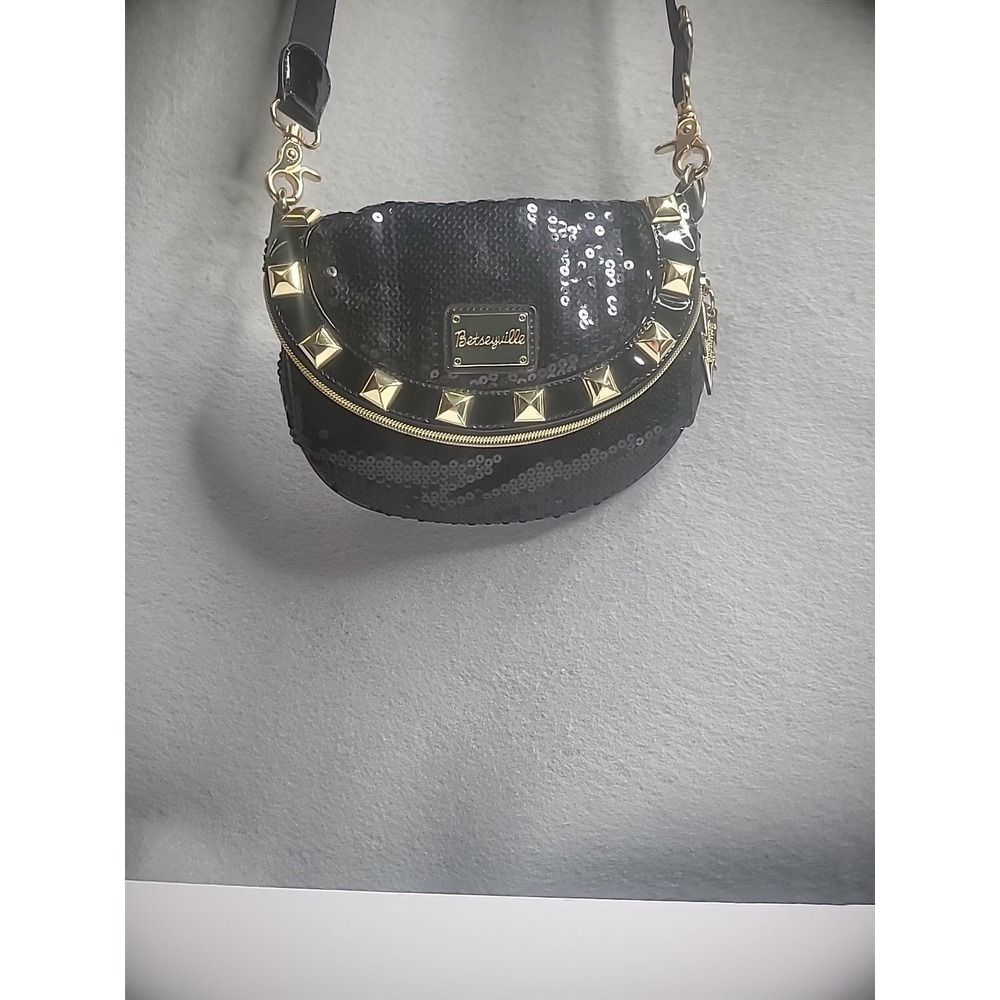 Vintage Betseyville Betsey johnson Purse Shoulder Black Gold Sequin Fold Over